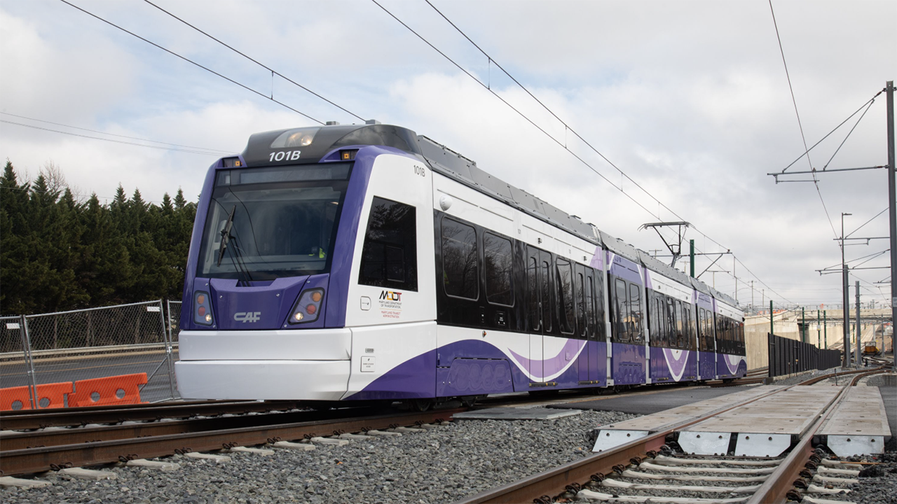 Ahead of Purple Line service launching in 2027, dynamic testing of the CAF-built light rail vehicles is under way. (Photograph Courtesy of MDOT MTA)
